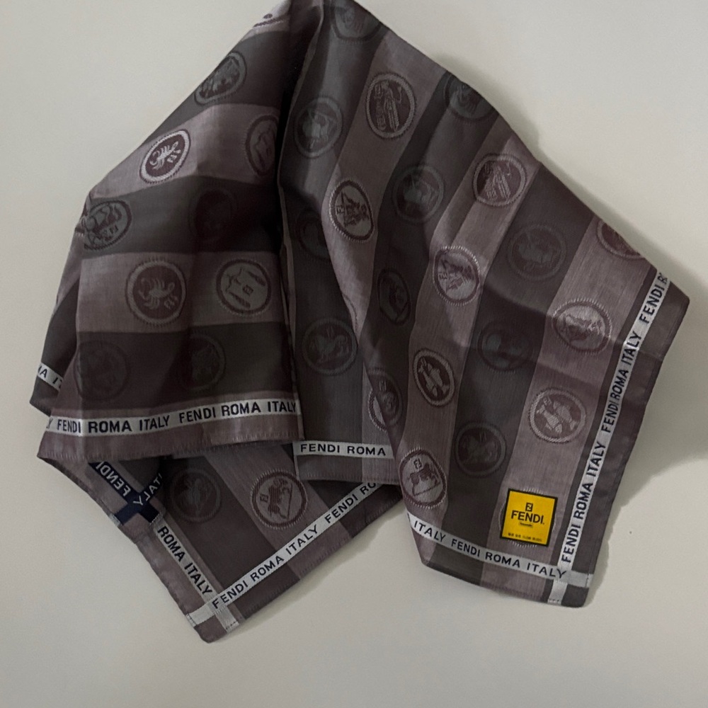 Fendi Roma Italy Zodiac Scarf Handkerchief Pocket Square gray black stripes 18” - Picture 14 of 14